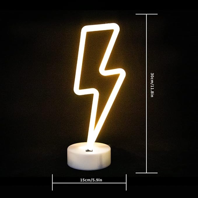 ENUOLI Lightning Neon Signs Warm White Decoration Art LED Lightning Neon Lights with Base Indoor for Living Room Office Christmas Wedding Party Bolt Battery Operated and USB Powered Night Lights