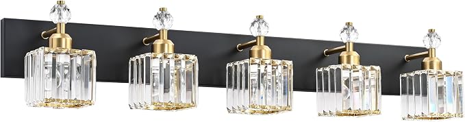 PRESDE Crystal 5 Light Bathroom Vanity Lights Modern Black and Gold Bathroom Lights Fixtures Over Mirror Modern Bath Wall Lighting