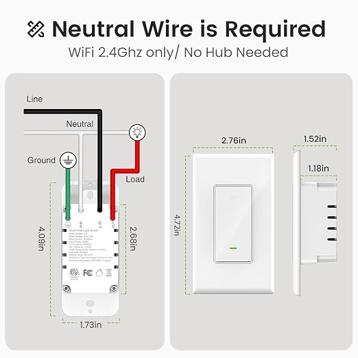 GHome Smart Switches for Lights, Single Pole WiFi, Works with Alexa, 3 Pack | Google Home Compatible, Neutral Wire Required, 2.4GHz WiFi, Voice Control, App Control, Schedule, Timer, UL FCC Listed