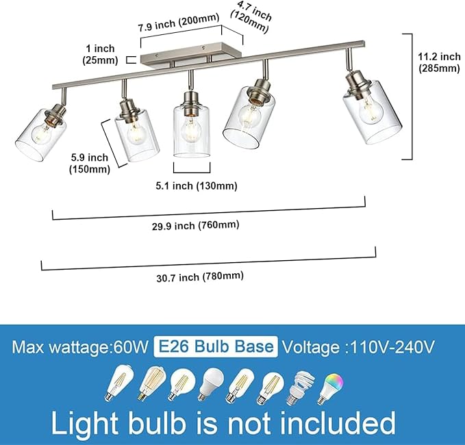 5 Light Track Lighting Kit Brushed Nickel Kitchen Track Lighting | Ceiling Wall Mount Rotatable Directional Spotlight with Clear Glass Shades, for Kitchen Island, Bathroom, Bedroom