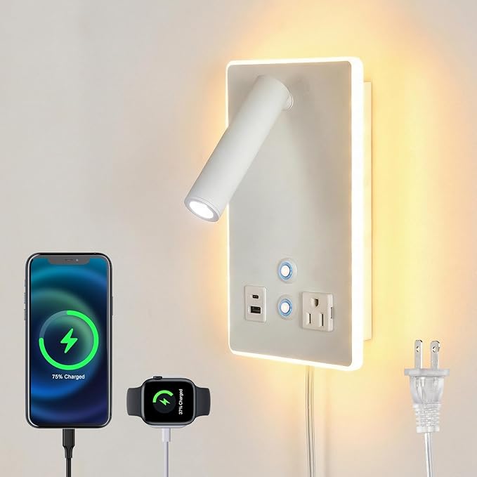 Dimmable Plug in Wall Sconce with Touch Switch,Headboard Bedside Wall Lamp,Multifunction Wall Light with USB C+A Ports,Adjustable Wall Mounted Reading Light,3 Color Temperature(White)