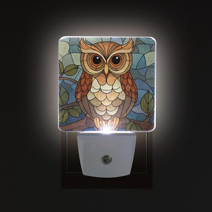 Colorful Owl Glass-Style Night Light Dusk to Dawn Sensor LED Night Dimmable Nightlight Lights Plug into Wall for Living Room