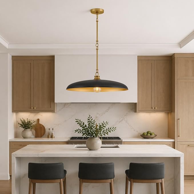Hinkley Sadie 24" Large Dome Chandelier, Black with Lacquered Brass | Two Tone Saucer Pendant, Includes (5) 7" Downrods, Needs a Med. LED Bulb, Adjustable Height, Dining Room, Kitchen