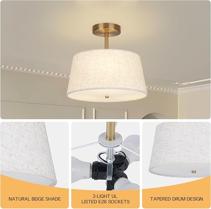 CALOKES Cone-Shaped Semi Flush Mount Modern Ceiling Light Fixture, 3-Light Drum Lamp with Gold Brass Finish and Beige Fabric Shade for Bedroom, Kitchen, Dining Room, Hallway, Entryway, and Foyer