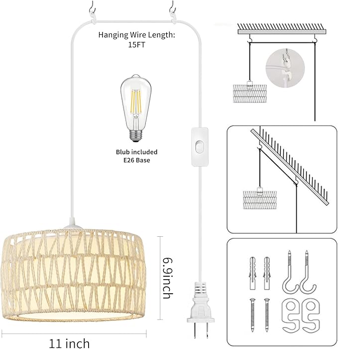 Plug in Pendant Light, Rattan Hanging Lights with Plug in Cord, Woven & Fabric 2 in 1 LampShade, Hanging Lamp Plug in for Bedroom Living Room Kitchen Island-Cream (Bulb Included)