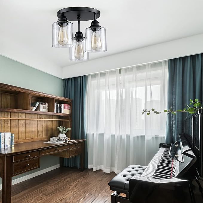 3-Lights Industrial Semi Flush Mount Ceiling Light, Vintage Light Fixture with Clear Seeded Glass Shade