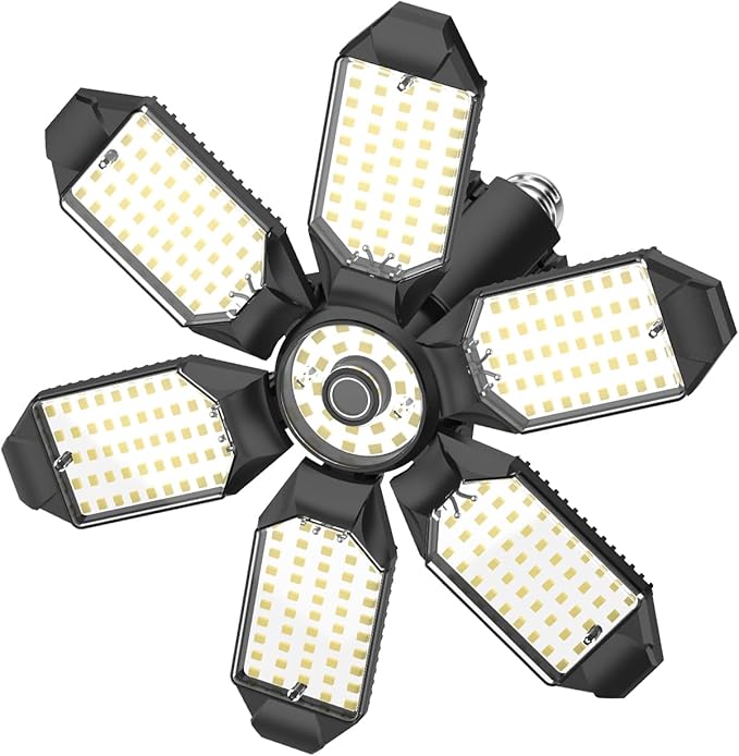 Led Garage Lights 1 Pack 200W Super Bright Ceiling Led Shop Lights, E26/E27 Base, 6500K, 22000LM Deformable Garage Light Ideal for Basement, Attic and Workshop Commercial Bay Lighting