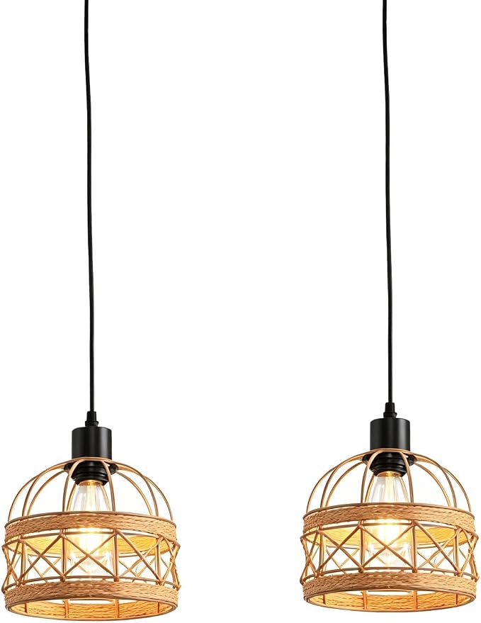 Woven Pendant Light Boho Chandelier, Rattan Pendant Lights Kitchen Island, Farmhouse Pendant Lighting with Hand Woven Wicker Shade, Boho Chandelier Light Fixtures Ceiling Hanging Light