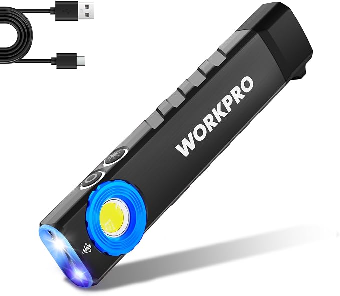 WORKPRO Rechargeable Pocket Flashlight, Magnetic EDC Light with UV, Black | Compact, 600 Lumens LED & UV Light, 2 Magnetic Bases, Pocket Clip, 7 Modes, Garage, Repair & Emergency Use
