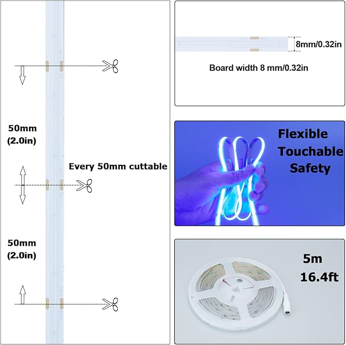 24V COB LED Strip Light Blue 5M/16.4ft 2400LEDs Uniform Glow Flexible IP20 Not Waterproof LED Tape Lights for DIY Cabinet Bedroom Kitchen Home Decor(No Power Supply)