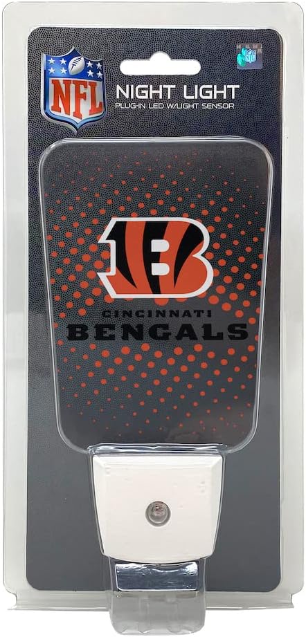 Party Animal NFL Team LED Night Light, with Auto Sensor and 3 Light Settings, Slim 5-Inch Design fits Standard Outlets, Cincinnati Bengals