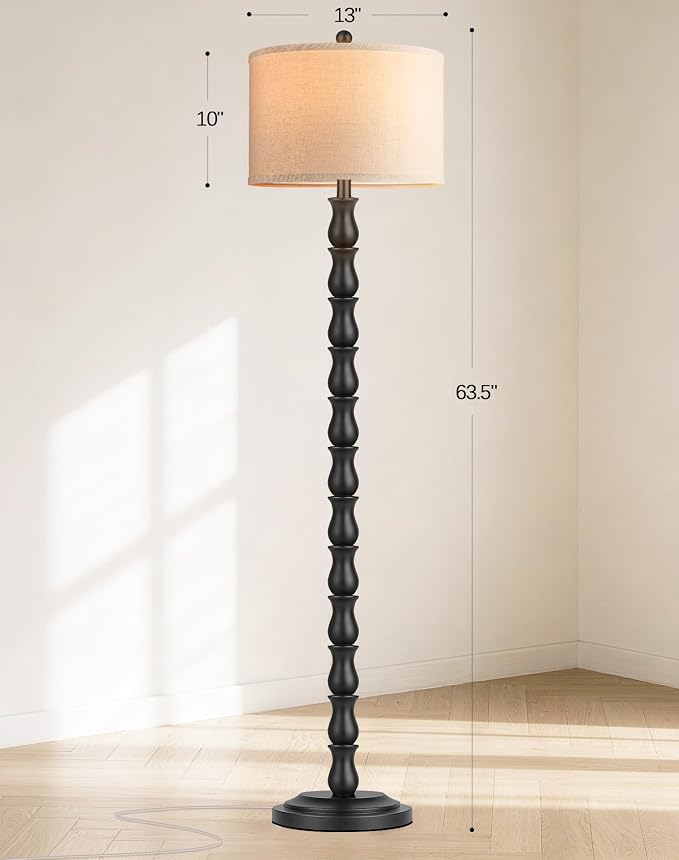 63.5" Rustic Floor Lamp for Living Room, Farmhouse Floor Lamp with Rotary Switch & Linen Shade, Vintage Resin Tall Standing Lamp for Bedroom Corner Office Home Decor, Black (LED Bulb Included)