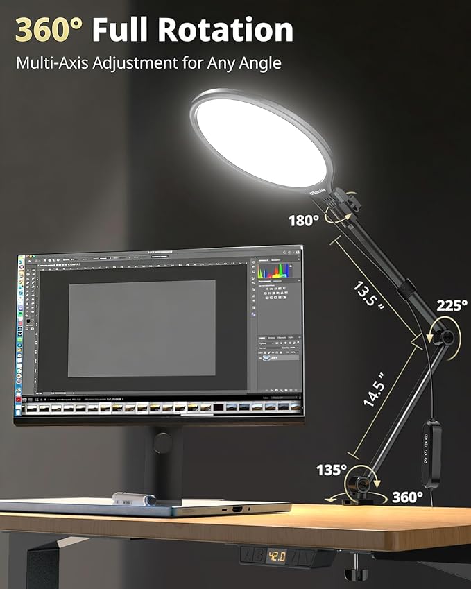 UBeesize 10" Desk Ring Light with Stand, Multi-Angle Adjustable Arm with C-Clamp for Home Office, Streaming Light with Inline Control for Video Conference, Podcast, Gaming, Recording, Live Streams