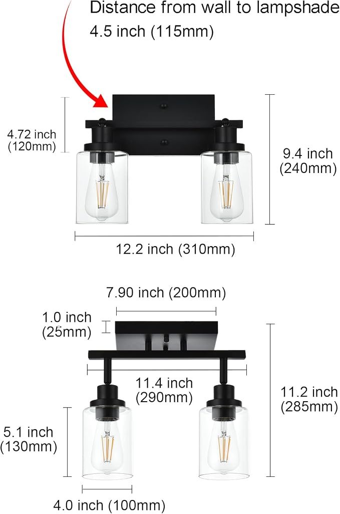 MELUCEE 2 Light Wall Scone Spotlight Semi Flush Mount Ceiling Light | 12.2 Inch Black Bathroom Lights Rotatable Track Lighting Kit for Hallway Porch Foyer Bath Storage, Clear Glass Shade