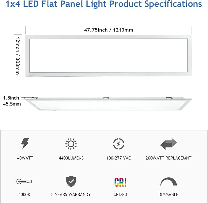 CycevSun 1x4 FT LED Flat Panel Light Drop Ceiling, 0-10V Dimmable, 4 Pack | 3 Color Selectable, 20W-30W-40W Selectable, 4400LM, Ultra-thin, 120-277V, ETL Listed, FCC, Shop, Commercial