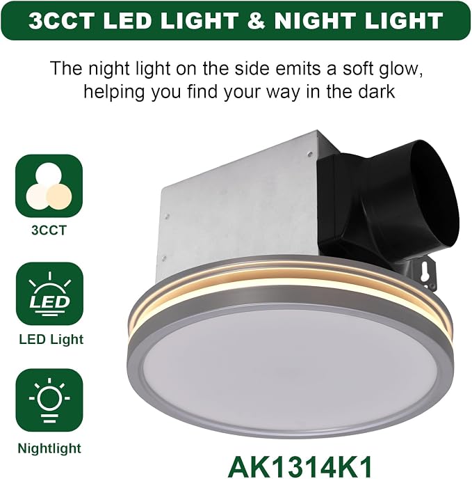 Akicon Bathroom Exhaust Fan with Light, 80 CFM 2.0 Sones Bathroom Fan for Ceiling, 3CCT 15W Dimmable LED Light and 3.5W Nightlight Vent Fans Combo for Home, Round, Sliver