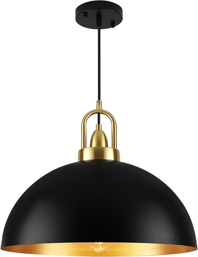 16'' Large Black Pendant Light for Kitchen Island Lighting, Modern Farmhouse Industrial Dome Hanging Ceiling Pendant Lighting Fixture for Dining Room, Bar, Living Room