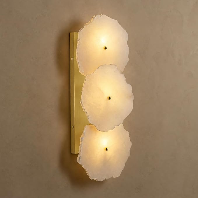 Alabaster Wall Sconce, 3-Light Irregular Spanish Natural Marble Sconces, Brushed Gold Hardwired Stone Wall Sconce, Dimmable Modern Indoor Wall Light for Bathroom Vanity, Living Room, Hallway(1 Pack)