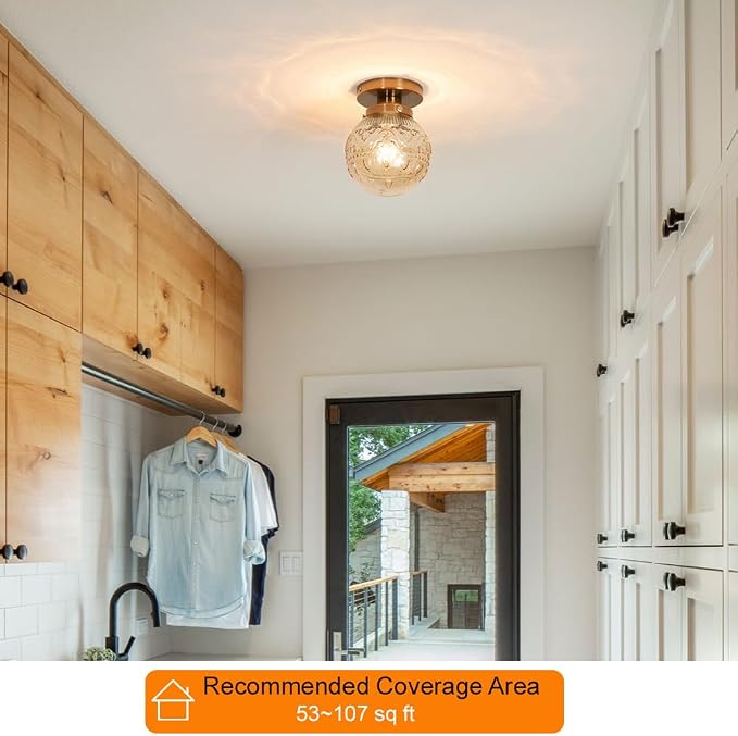 Daunton Semi Flush Mount Ceiling Light, Gold Vintage Kitchen Ceiling Lighting Fixture, Amber Globe Glass Close to Ceiling Light, Modern Hallway Lighting for Bathroom Bedroom Corridor Entryway