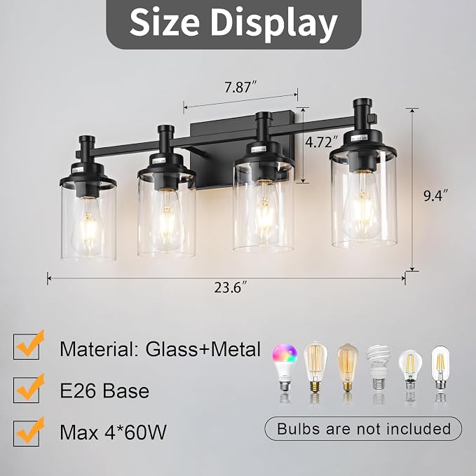 4-Light Bathroom Vanity Lights with Clear Glass Shades, Matte Black Over Mirror, Modern Wall Lamp for Mirror, Living Room, Bedroom