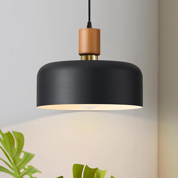 11.6" Black Pendant Light, Walnut Oak Wood & Brass Metal Drum Shade