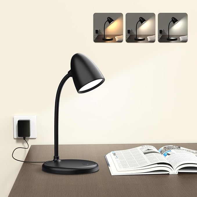 LED Desk Lamp for Home Office,Dimmable Table Lamp 3 Light Colors | Reading Light for Bedside Small Desk Lamp for College Dorm Room,Bedroom Desk Light,Black