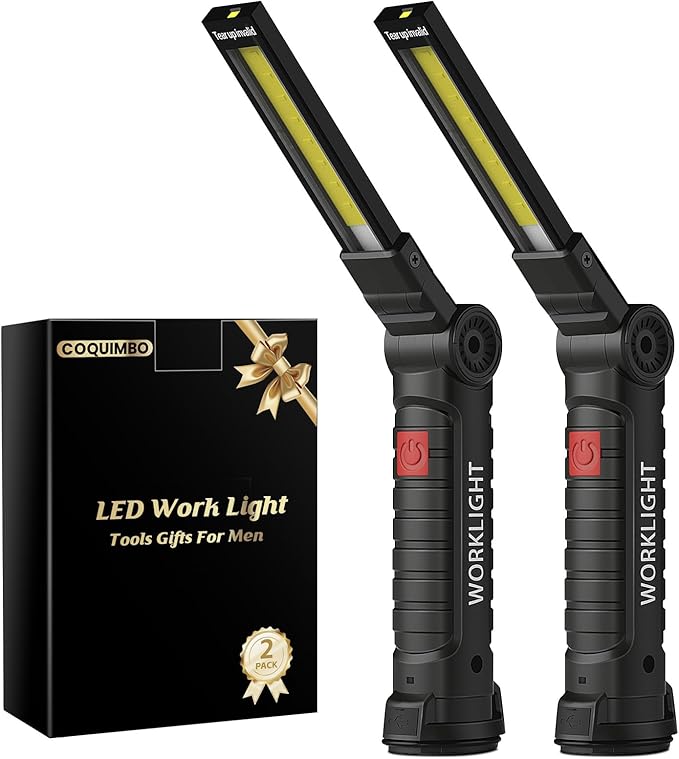 Coquimbo Tool Gifts for Men Him Dad Husband, Rechargeable LED Work Light BBQ Grill with Magnetic Base Hook, 360° Rotate Mechanic Flashlight Mens Easter Birthday Gifts (2 Pack Black)