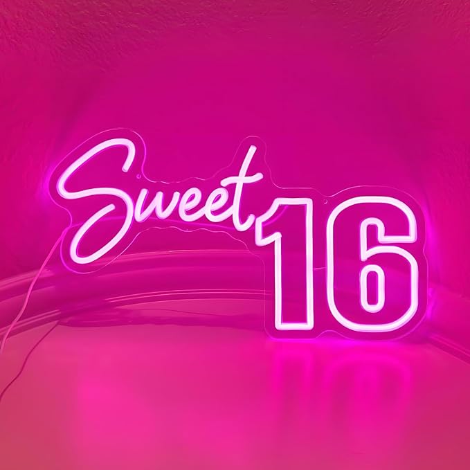 Sweet 16 Party Decorations Neon Sign, Sixteen 16th Birthday Decorations Gift for Girls, Light Up Numbers Sweet 16 Sign for Party Backdrop Wall Decor, Pink,16.5x9.4 inch