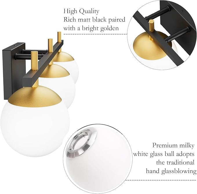 Ralbay Mid Century Modern Bathroom Vanity Lights Black and Gold Milky Glass Modern Bathroom Vanity Lights Over Mirror, Black/Golden 3-Light (Exclude Bulb)