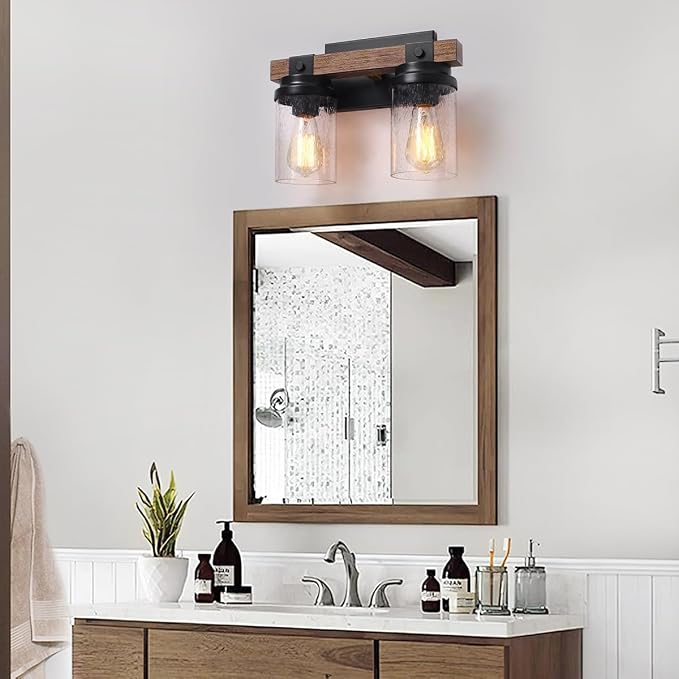 2 Light Farmhouse Vanity Lights Rustic Bathroom Light Fixtures Over Mirror | Faux Wood Wall Mount Light with Clear Seeded Glass Shade, Industrial Black Metal Wall Sconces for Bathroom Living Room