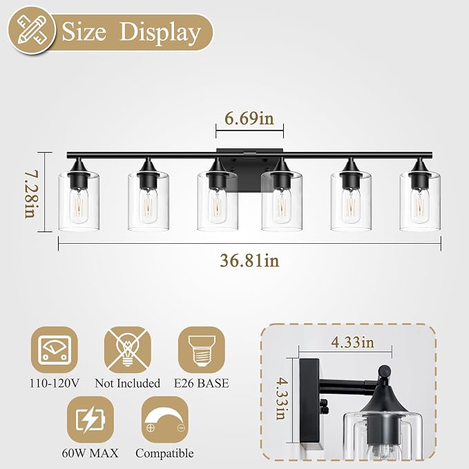 6-Light Matte Black Bathroom Light Fixtures, Over Mirror with Clear Glass Shade, Wall Light Sconce for Vanity Table, Hallway