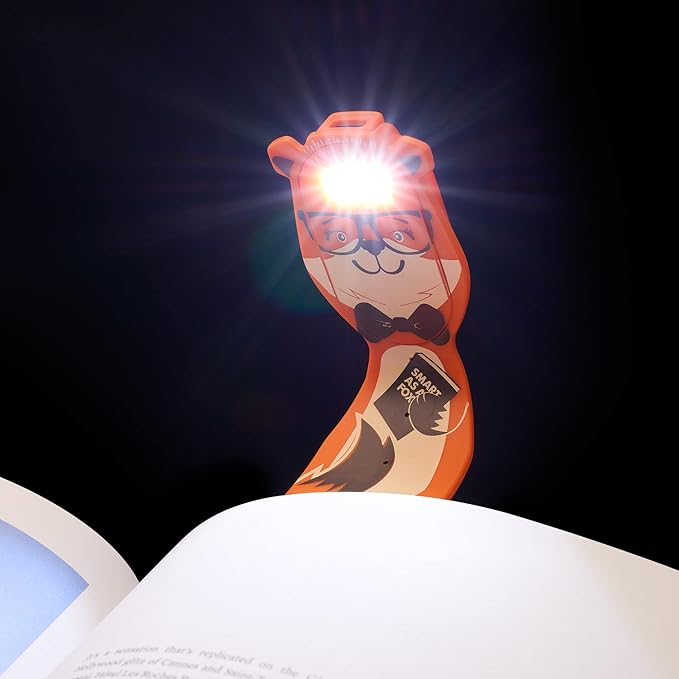 Gifts for Readers & Writers Rechargeable Book Light for Kids, Clip On Reading Light for Bed, 2in1 Flexilight Pals & Bookmark, 12 Hours of Light Once Charged, Includes USB Cable & 2 LED Lights, Fox