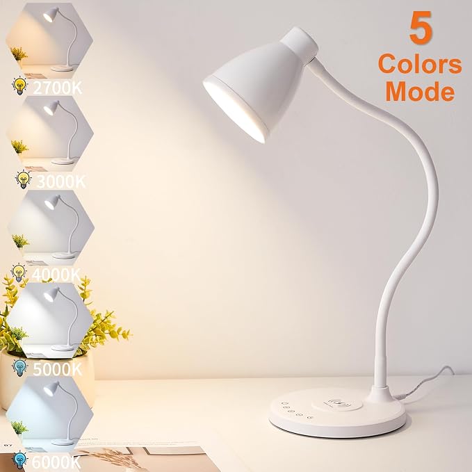BOHON LED Desk Lamp for Home Office with USB C Charging Wireless Charger | 5 Colors, Stepless Dimming Desk Light Timer Reading Light Touch Bedside Table Lamp for College Dorm Room
