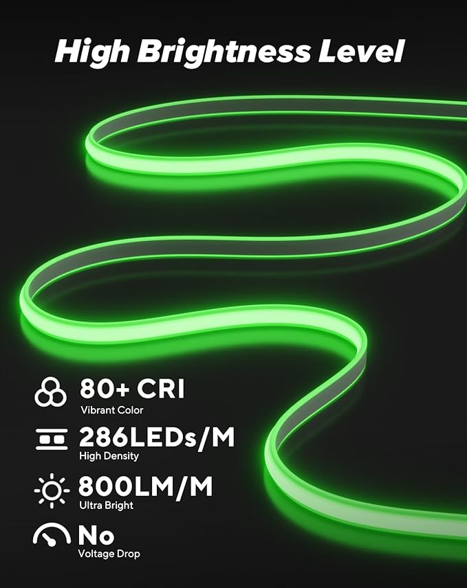 Shine Decor COB LED Rope Light AC 120V, 800lm Ultra Bright, IP65 Waterproof Cold-Resistant ETL Neon Strip, No Driver Tape Lighting for Home Commercial 10x4.5mm, Green, 32.8ft