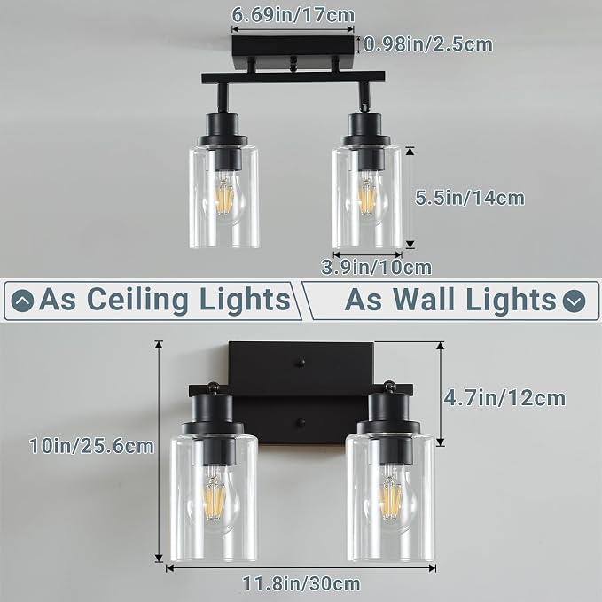 LOUSACE 2 Light Kitchen Track Light Fixtures Ceiling Vanity Lights Black, Bathroom Track Lighting Kit w/Rotatable Heads & Clear Glass Shade, Modern Wall Ceiling Tracking Light for Accent Shop Hallway