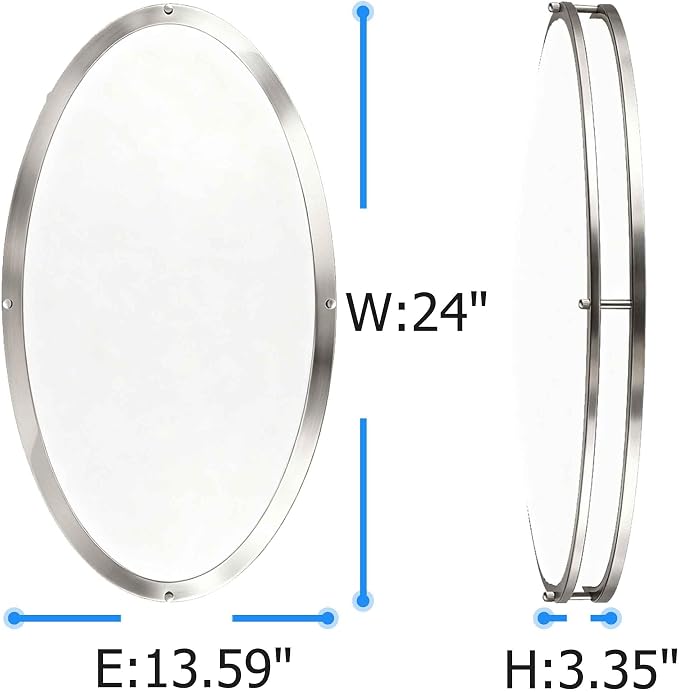 24 Inch Oval Brushed Nickel Ceiling Light-Flush Mount LED Ceiling Light 3000K/4000K/5000K Adjustable Brushed Nickel LED Bathroom Bedroom Lights 24” Kitchen Lamp, 32W, 2100LM, Steel and Polystyrene