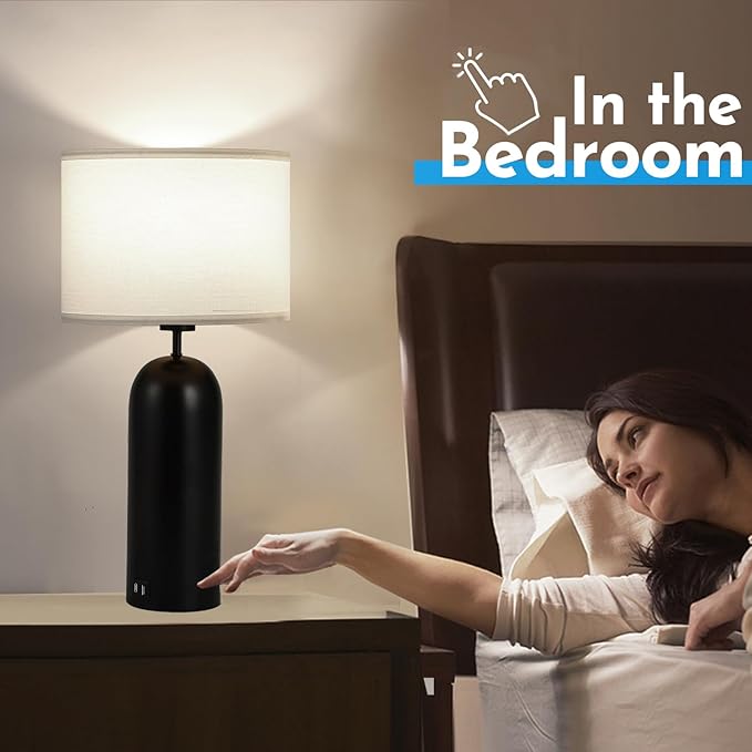 22-inch Tall Table Lamps - Set of 2 Black & White Touch Control 3-Way Dimmable Lamps with USB A+C Ports for Bedroom or Living Room