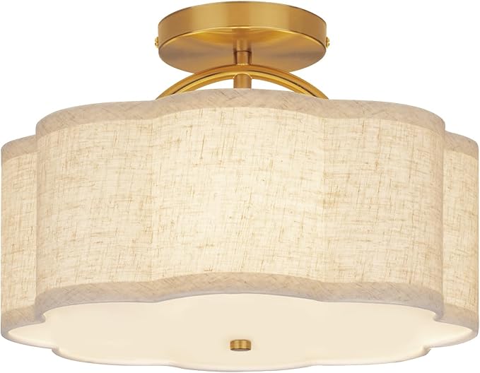 CALOKES Semi Flush Mount Ceiling Light, 11.8" Modern 3-Light Fixture with Petal-Shaped Cream Beige Linen Shade and Golden Support Arm, Ideal for Bedroom, Kitchen, Living Room, Hallway, and Entryway