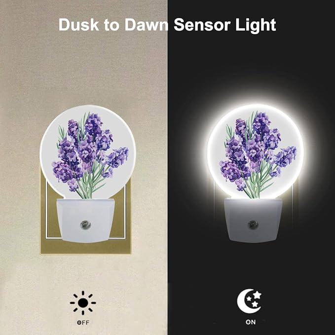 EKOBLA Lavender Night Light, Hope Flowers Purple Blossoms Floral Bouquet Night Lights Plug into Wall for Boys Girls, Led Lamp for Stairway Bedroom 0.5W Nightlight Sleep Friendly