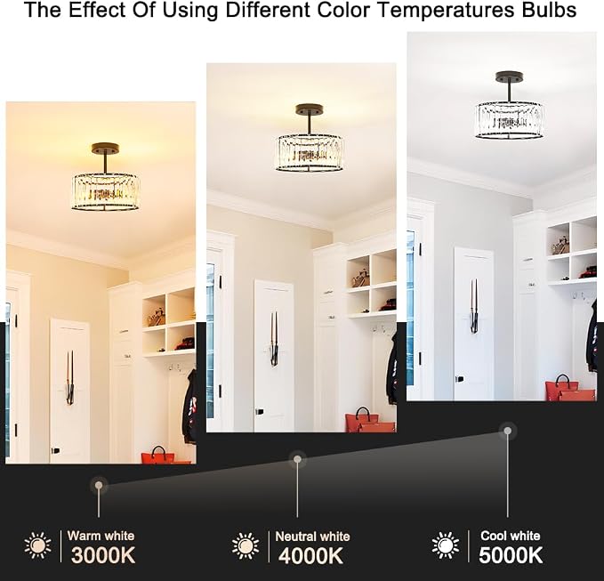 Lxybcce Modern Crystal Ceiling Light, Matte Black Semi Flush Mount Ceiling Lighting Fixture, Hallway Light Fixtures Chandelier for Kitchen, Bedroom Dining Room Hallway Closet, 3-Light, 12 Inch
