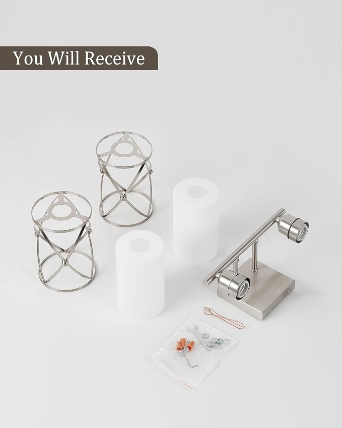 2-Light Brushed Nickel Bathroom Light Fixtures with Milk Frosted Glass, 13" Modern Bathroom Vanity Lighting Fixtures Over Mirror with Metal Cage, Wall Sconce Light for Bath, E26, CH9176BNW-2W