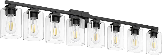 51” Bathroom Light Fixtures Over Mirror,8-Light Black Vanity Light | Large Size, Square Clear Glass & Durable Metal, Quick & Easy Installation, Standard E26 Socket, Bright Bathroom Lighting