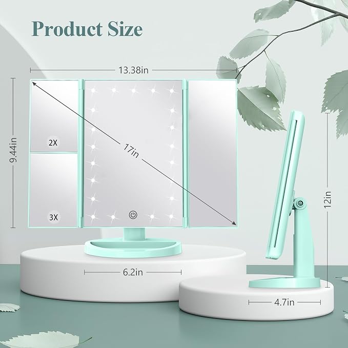 HUONUL 2X/3X/10X Magnifying Vanity Mirror with Light, Trifold Makeup Mirror | Touch Dimming, Dual Power, Clear View for Makeup, Skincare. Dorm Room Essentials. Birthday Gifts for Women, Mom, Wife, Girls