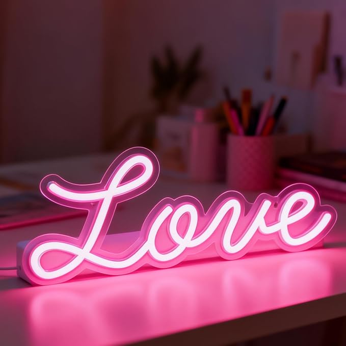 Love Neon Sign, LED Love Light up Sign Wall Decor for Girl Bedroom Christmas Valentine's Day Wife Women Birthday Gift Living Room Home Decor, 16"x 6" USB Powered 10 Pink Brightness Light up