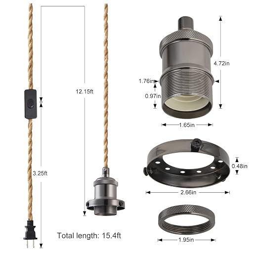 15.4ft Pendant Light Cord Kit, Industrial Vintage Plug in E26 Socket Hanging Light with Switch, Hemp Rope Hanging Light Fixture for Pendant Lamp Farmhouse Lamp Cable DIY