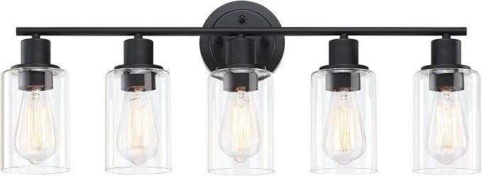 5-Light Black Bathroom Vanity Light Fixture Over Mirror - 5 Bulb Black Wall Sconce for Bathroom Bedroom Hallway Wall Mount Fixture Over Kitchen Sink
