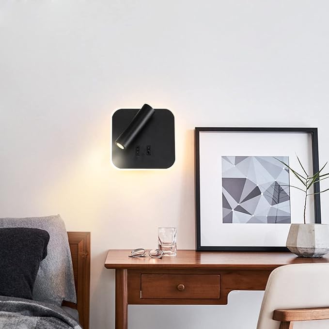 Wall Wash Light Black Bed LED with Interior Wall Adjustable Spotlight Reading lamp aluminio Wall lamp for Hallway Bedroom Stairs Hotels Indoor Bedside Lamp 3000K (3W + 10W)