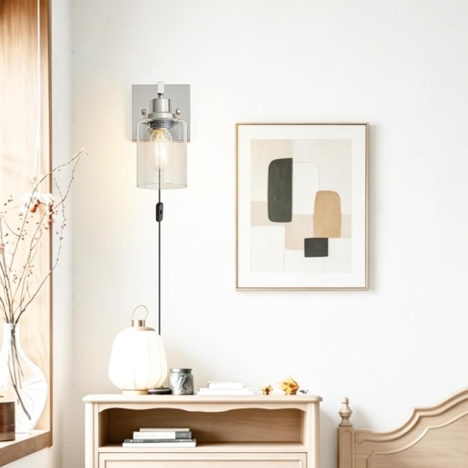 Plug in Wall Sconces Set of 2, Modern Corded Wall Sconce, Bedroom Wall Sconces with Clear Glass, Wall Decor Set of 2 Brushed Nickel Wall Lamps for Bedroom Living Room