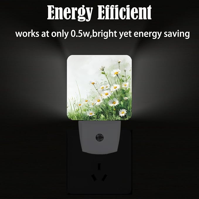 Flowers Night Light，Daisies Watercolor Plug Into Wall for Boys Girls Bedroom Decorative Square Night Light Lamp 0.5w Sleep Friendly