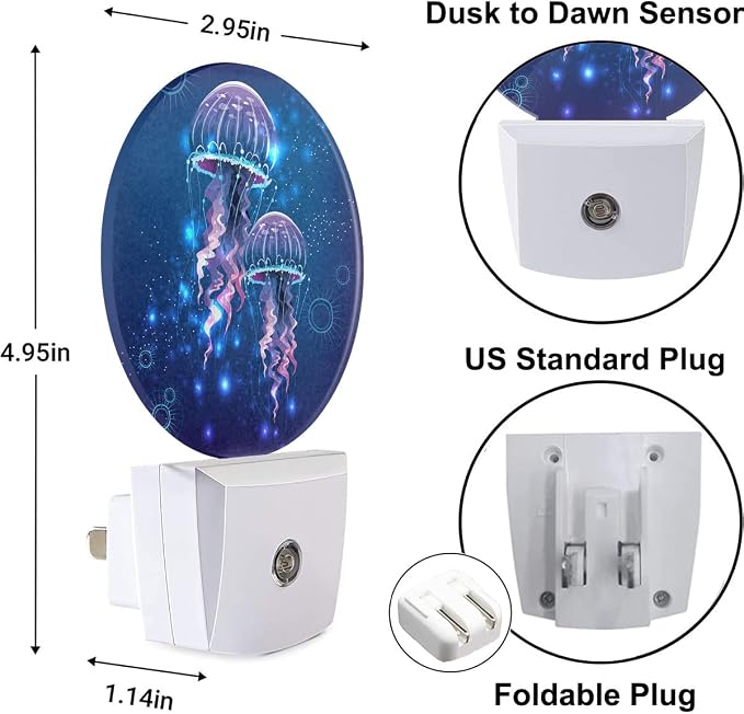 Jellyfish Nightlight Exotic Sea Ocean Creature Aquatic Animals Night Lights Plug into Wall Dusk to Dawn Sensor Round Night Light for Adults Boys Girls, 0.5W Energy Efficient